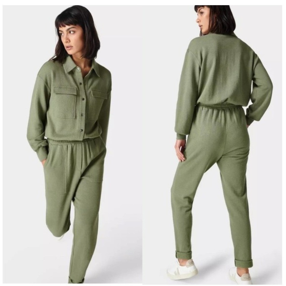 Sweaty Betty London Sage Green Cotton Utility Jumpsuit SB6934 Womens XL US 14